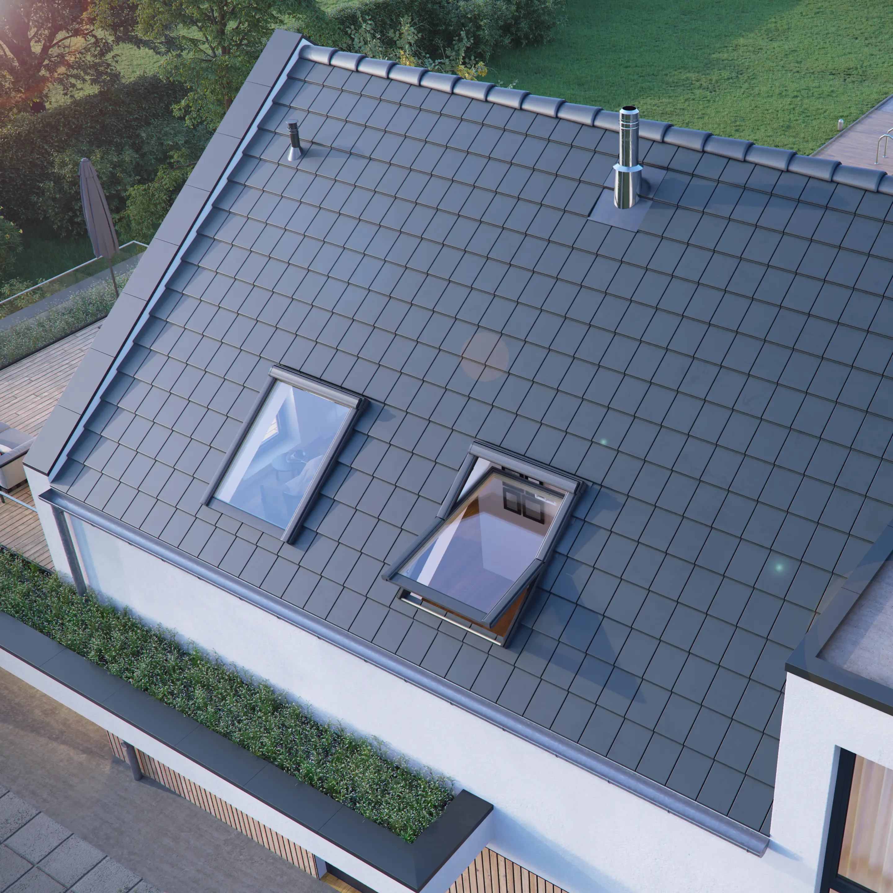 Autarq Solardachziegel auf dem Dach. Die Besonderheit sind die Dachfenster. 