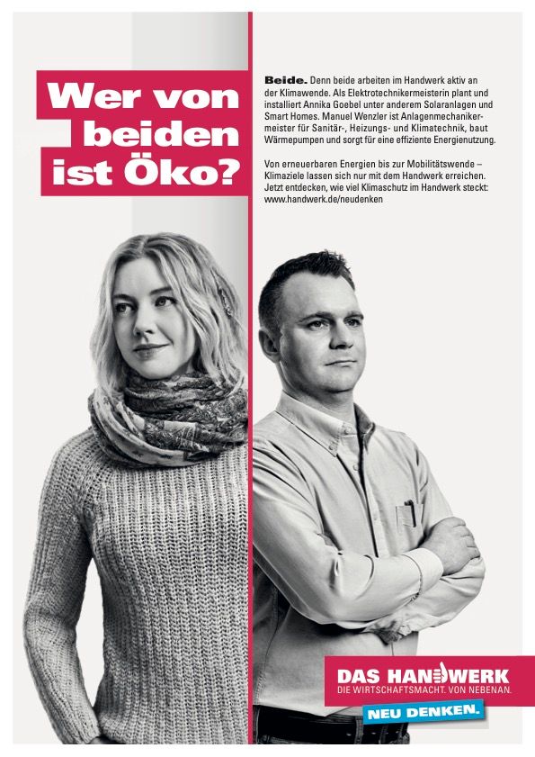 Kampagnenanzeige von "Das Handwerk" - abgebildet sind eine Frau auf der linken Seite und ein Mann auf der rechten Seite