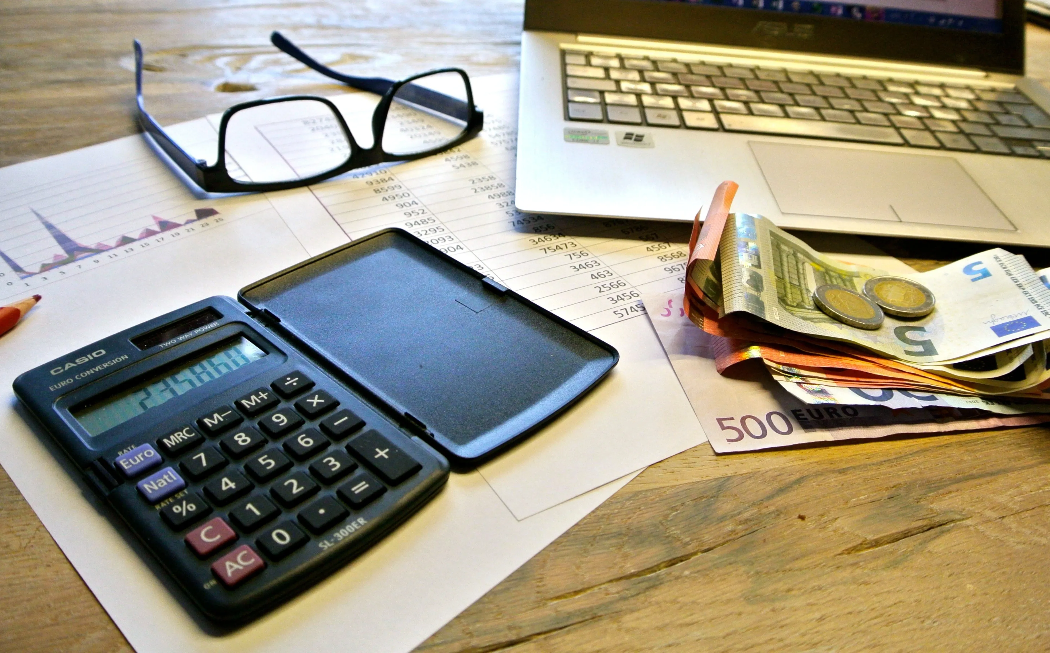 Foto von einem Schreibtisch mit Taschenrechner, Kleingeld, Brille und Laptop